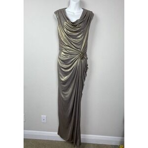 Tadashi Shoji Bronze Gold Formal Gown Size 6 Ruched Draped Maxi Wedding Guest‎